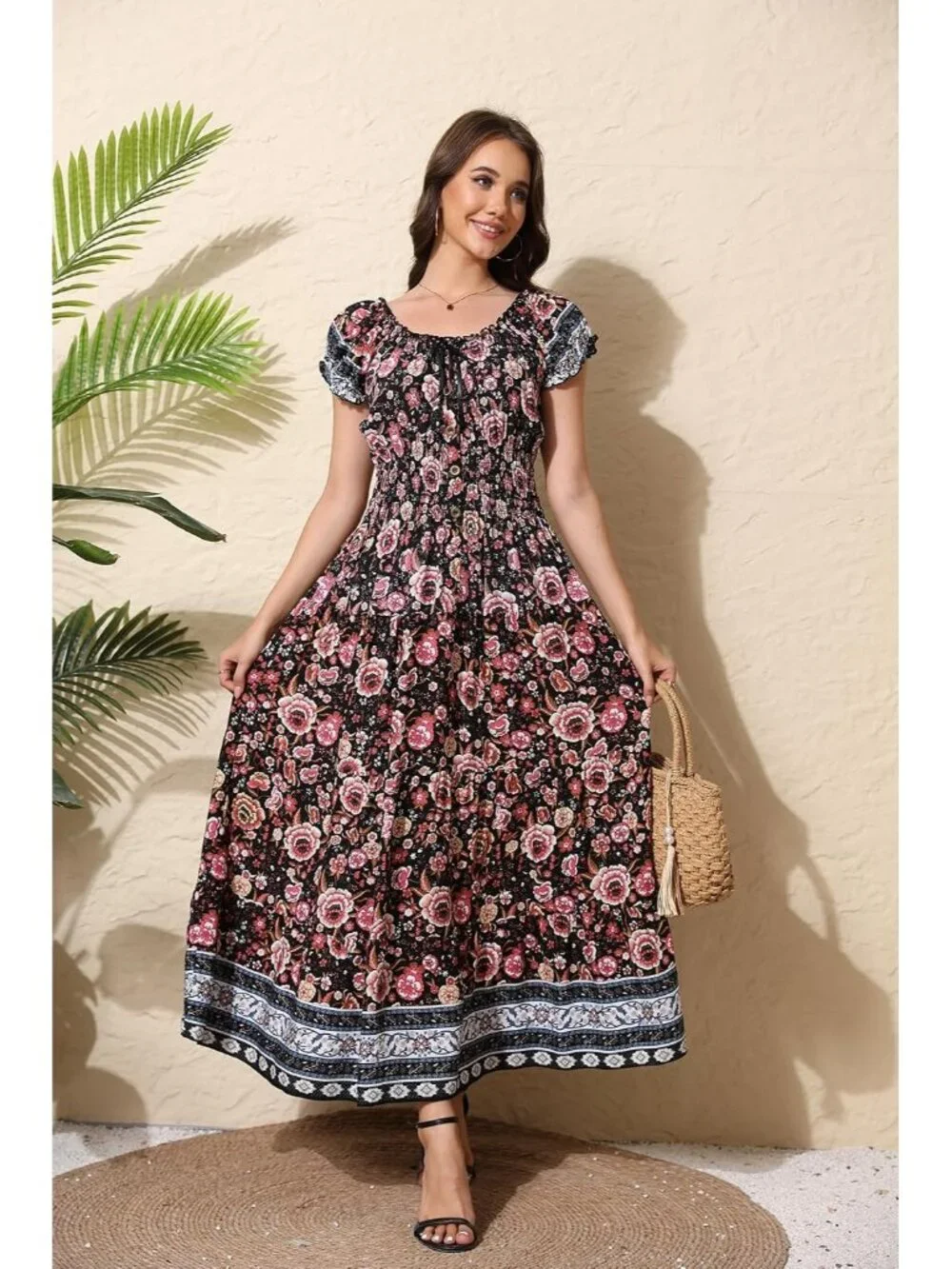 Women's Black Pink Floral Flowy Print Tiered Short Sleeves Summer Maxi Dress_5